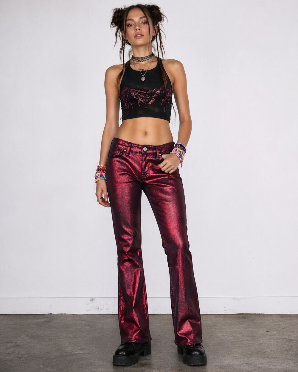 FRAME Le Crop Mini Boot Jeans 26 Red Chrome Metallic Coated Denim Flare Raver
